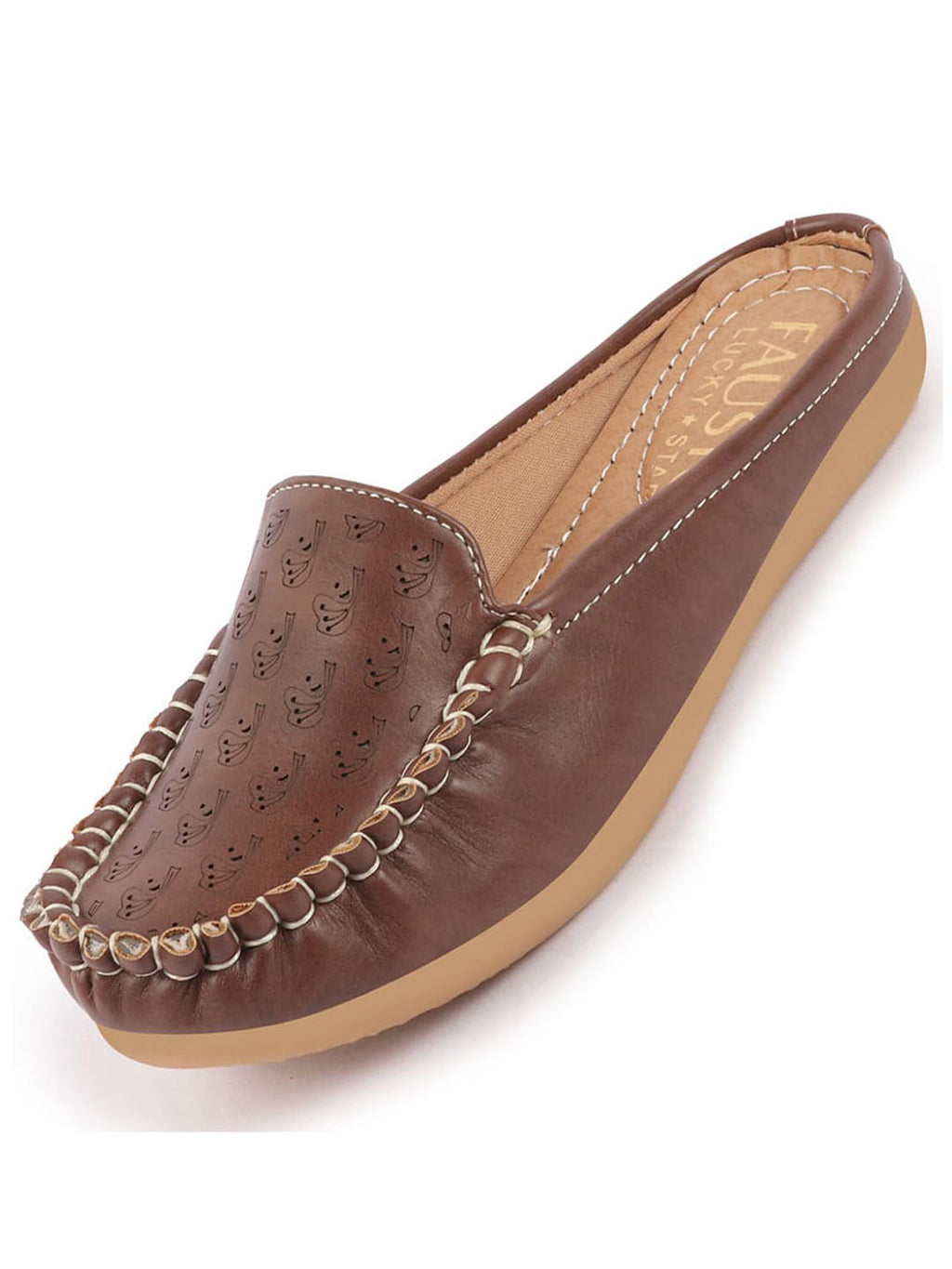 Women Brown Side Stitched Printed Back Open Slip On Mules Shoes