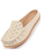 Women Cream Side Stitched Printed Back Open Slip On Mules Shoes