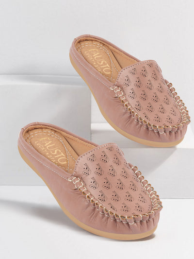 Women Peach Side Stitched Printed Back Open Slip On Mules Shoes