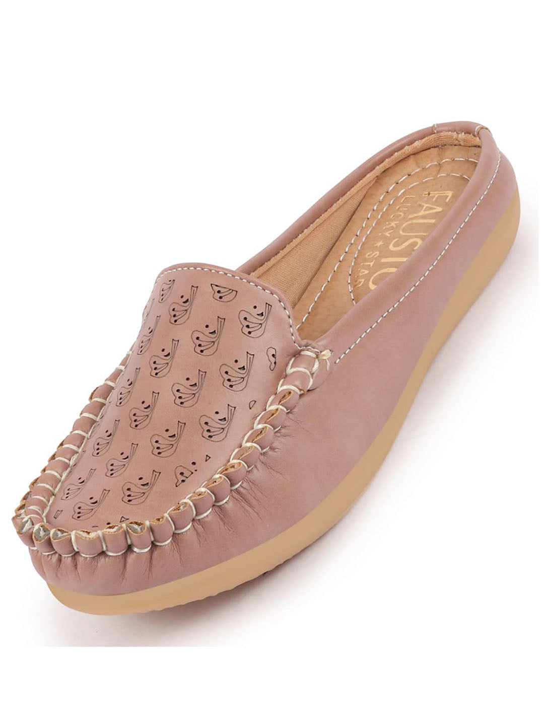 Women Peach Side Stitched Printed Back Open Slip On Mules Shoes