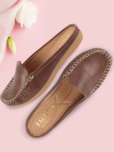 Women Brown Side Stitched Back Open Slip On Mules Shoes