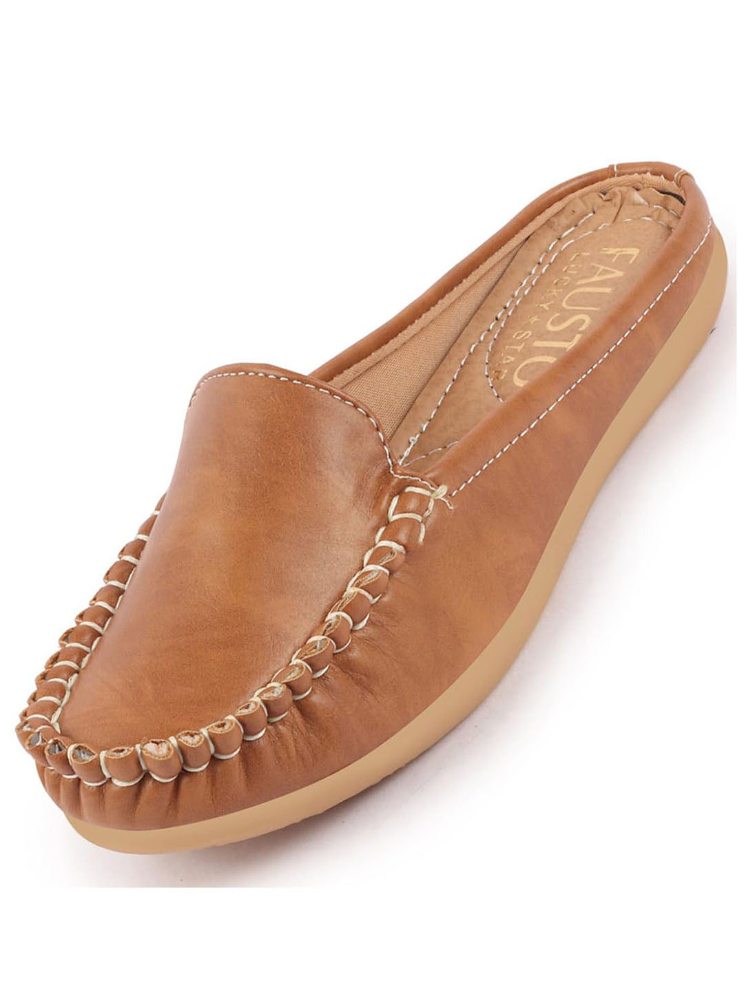 Shop Women Tan Side Stitched Back Open Slip On Mules Shoes Online.
