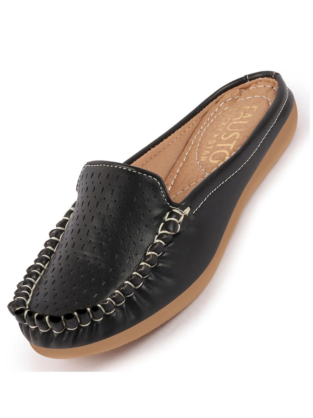 Women Black Side Stitched Laser Cut Design Back Open Slip On Mules Shoes