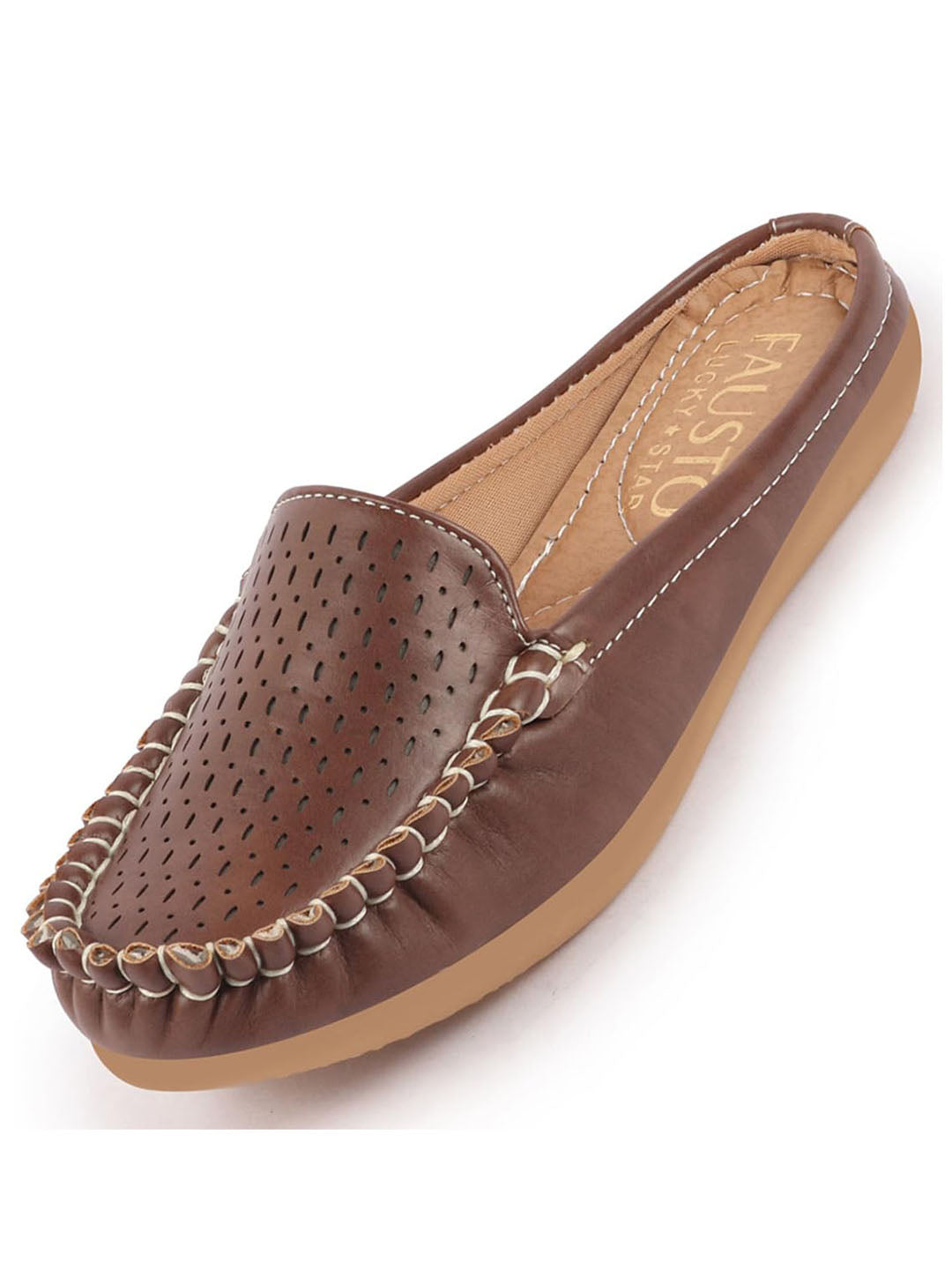 Women Brown Side Stitched Laser Cut Design Back Open Slip On Mules Shoes