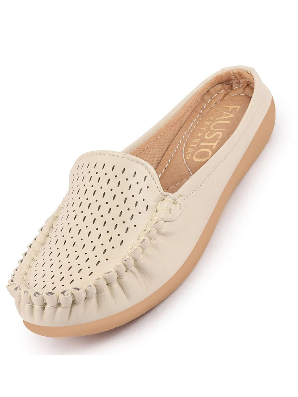 Shop Women Cream Side Stitched Laser Cut Design Back Open Slip On Mules Shoes Online.