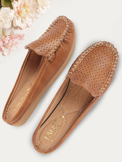 Shop Women Tan Side Stitched Laser Cut Design Back Open Slip On Mules Shoes Online.