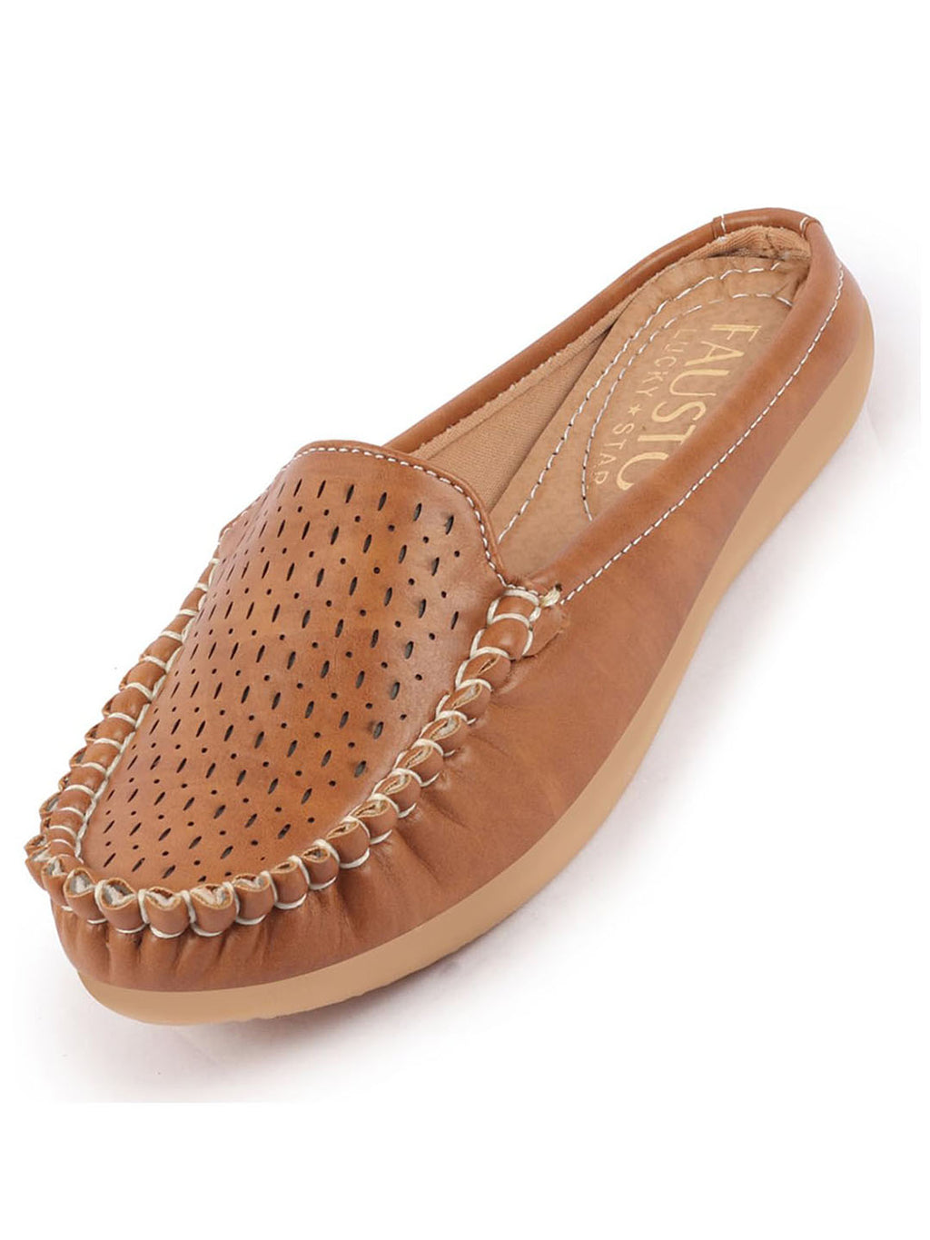 Shop Women Tan Side Stitched Laser Cut Design Back Open Slip On Mules Shoes Online.