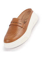 Shop Women Camel Outdoor Fashion Stitched Design Strap Open Back Platform Heel Slip On Casual Shoes Online.