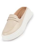 Shop Women Cream Outdoor Fashion Stitched Design Strap Open Back Platform Heel Slip On Casual Shoes Online.