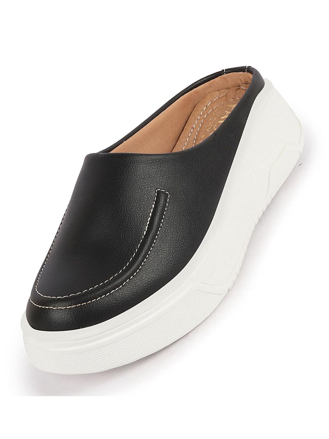 women black outdoor fashion stitched design open back platform heel slip on casual shoes