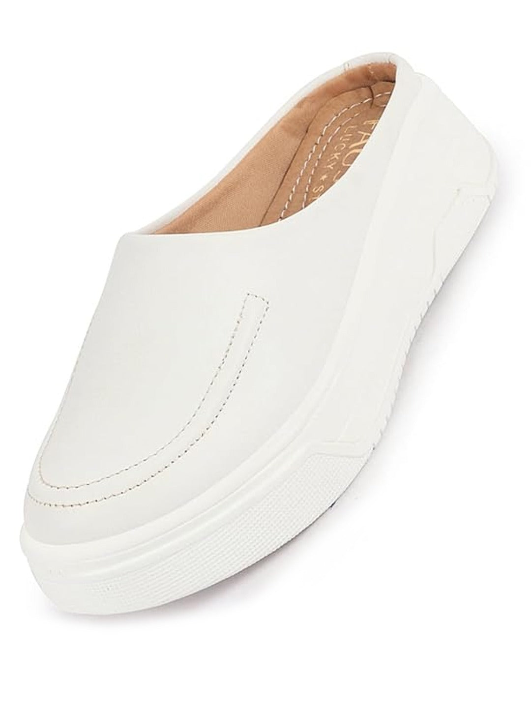 Women White Outdoor Fashion Stitched Design Open Back Platform Heel Slip On Casual Shoes