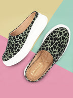 Shop Women Olive Fashion Outdoor Leopard Print Height Enhancer Open Back Slip On Casual Shoes Online.