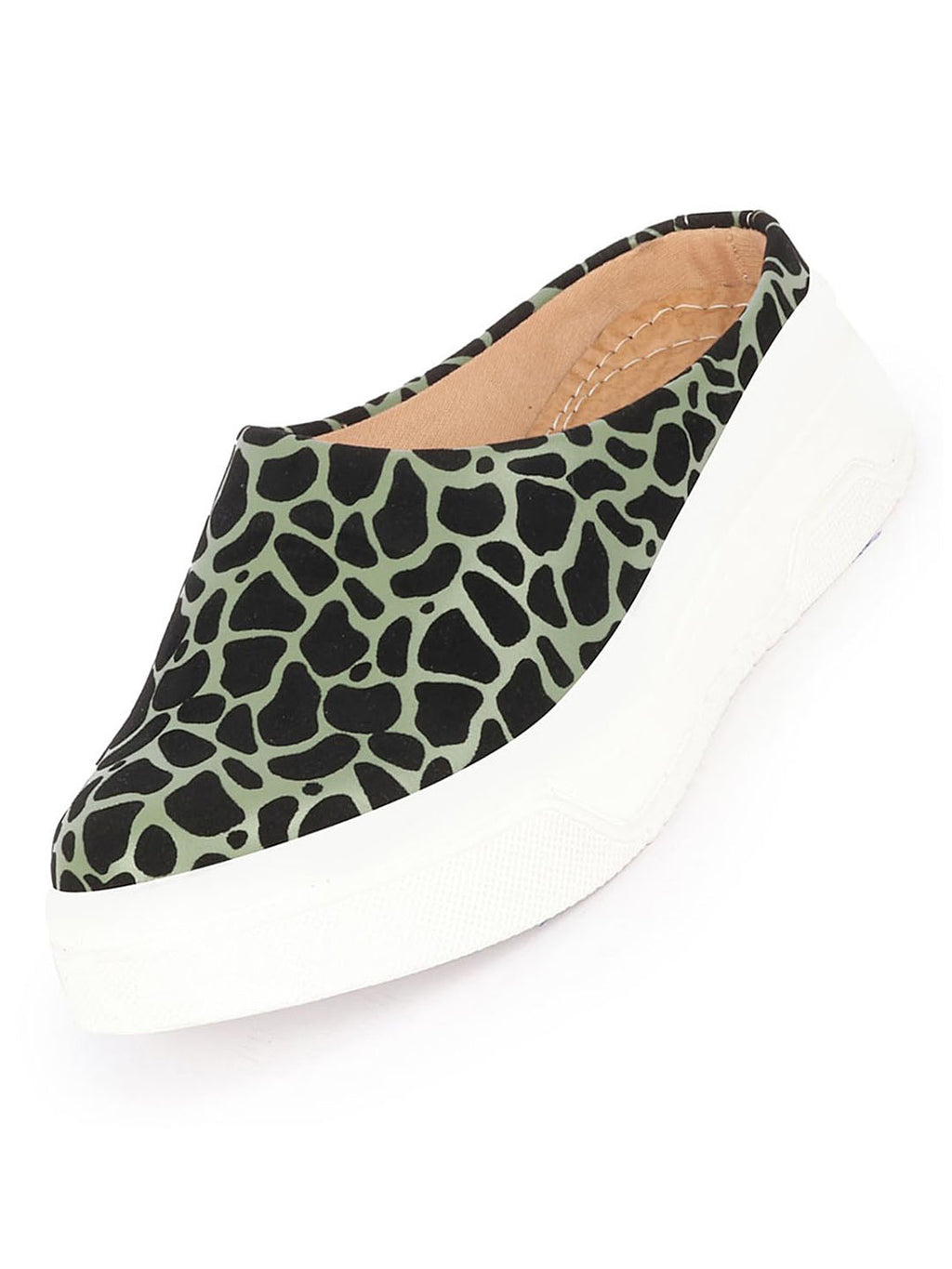 women olive fashion outdoor leopard print height enhancer open back slip on casual shoes
