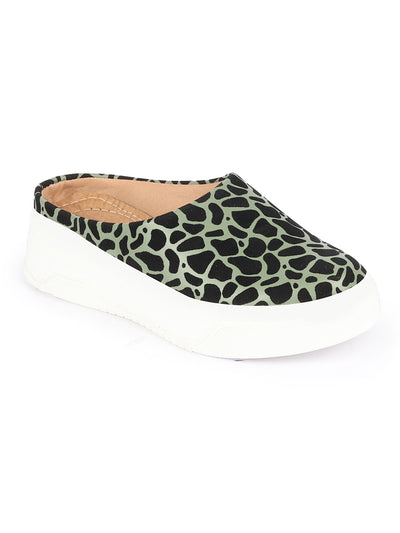 Women Olive Fashion Outdoor Leopard Print Height Enhancer Open Back Slip On Casual Shoes