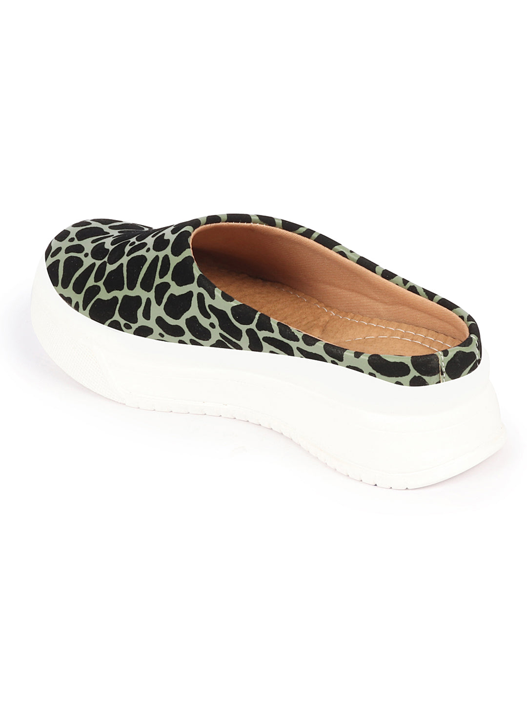 Shop Women Olive Fashion Outdoor Leopard Print Height Enhancer Open Back Slip On Casual Shoes Online.