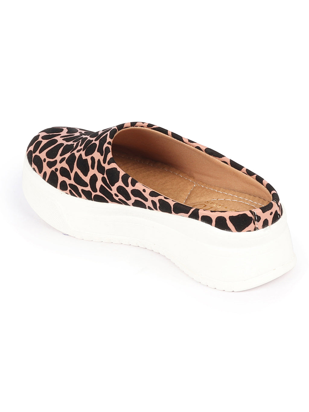Shop Women Peach Fashion Outdoor Leopard Print Height Enhancer Open Back Slip On Casual Shoes Online.