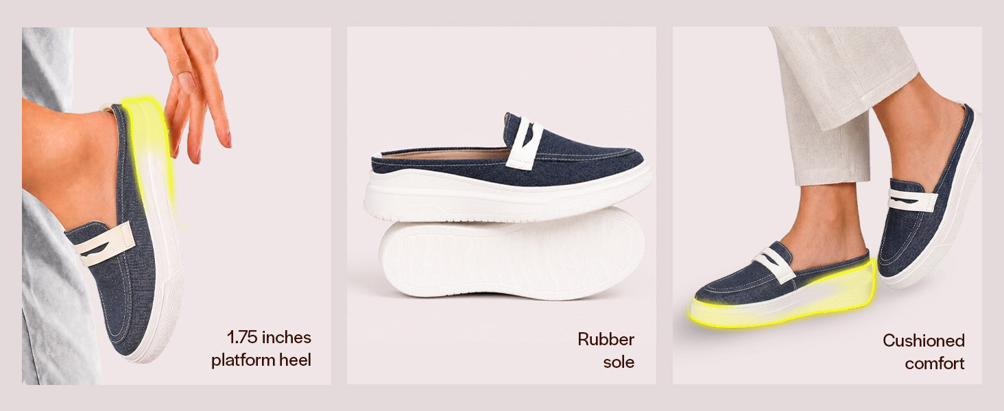 Women Navy Blue Fashion Outdoor Height Enhancer Open Back Slip On Upper Denim Casual Shoes