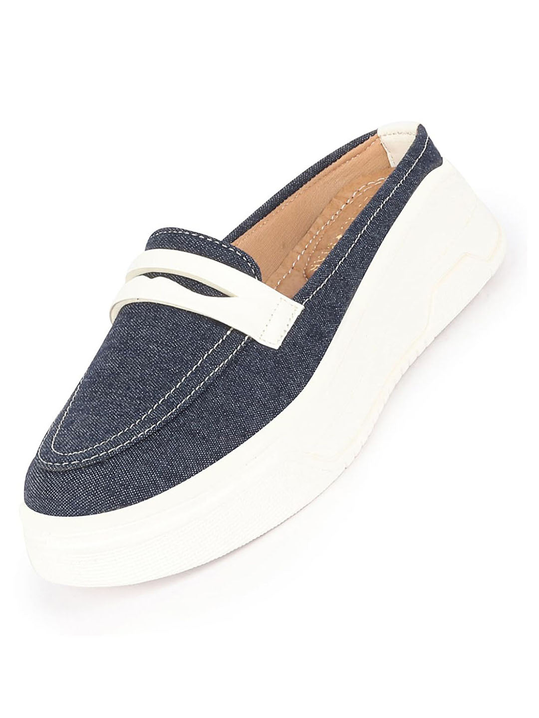 women navy blue fashion outdoor height enhancer open back slip on upper denim casual shoes