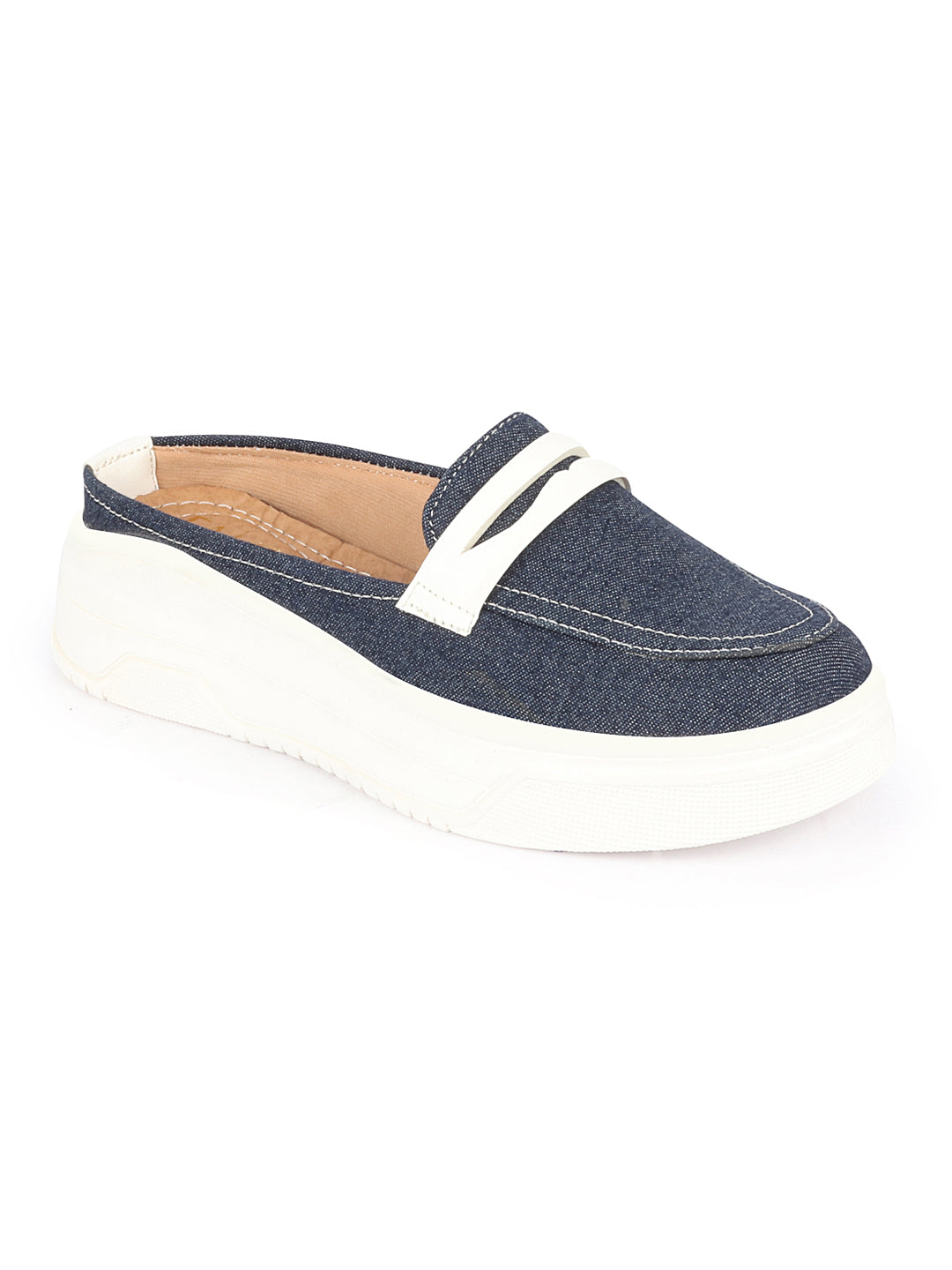 Shop Women Navy Blue Fashion Outdoor Height Enhancer Open Back Slip On Upper Denim Casual Shoes Online.