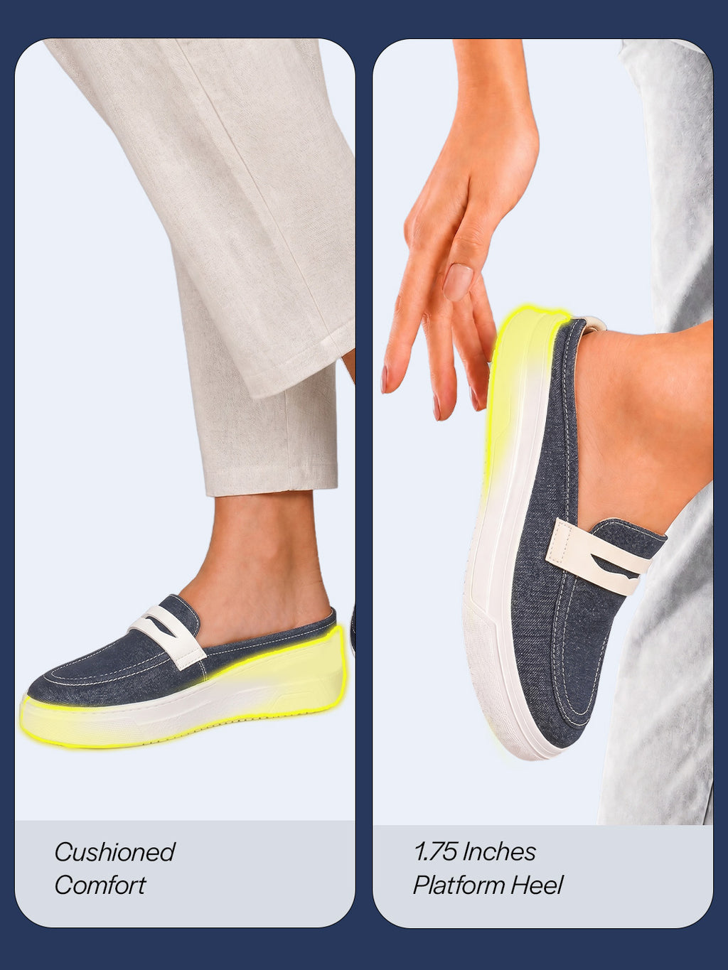 women navy blue fashion outdoor height enhancer open back slip on upper denim casual shoes