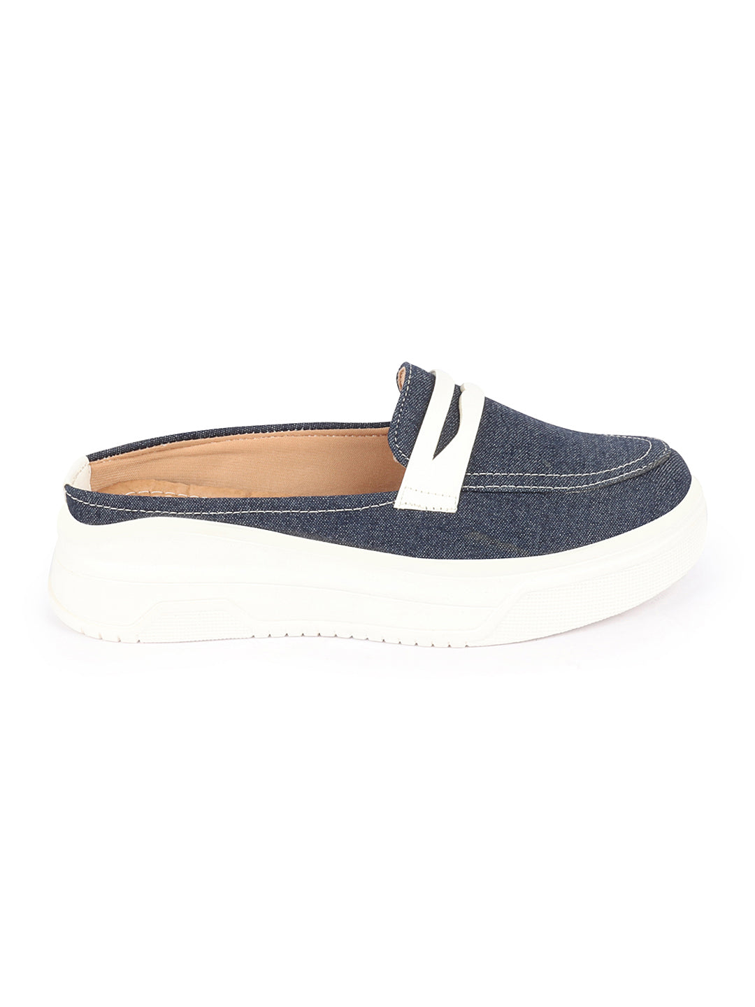 Shop Women Navy Blue Fashion Outdoor Height Enhancer Open Back Slip On Upper Denim Casual Shoes Online.