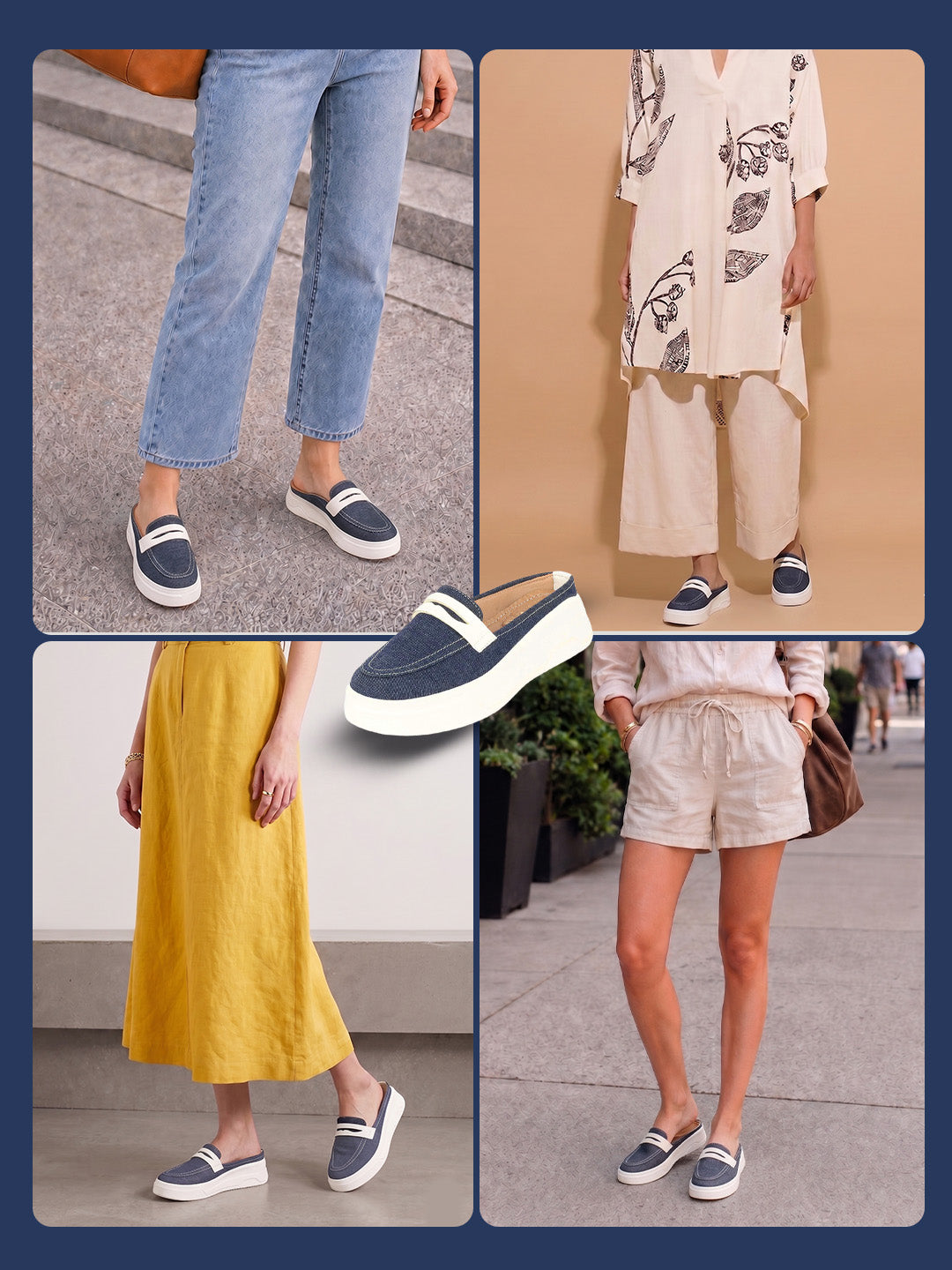 women navy blue fashion outdoor height enhancer open back slip on upper denim casual shoes