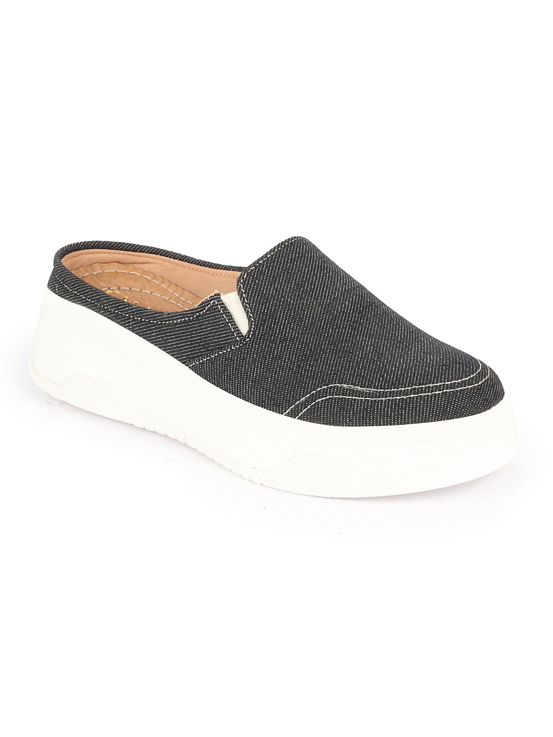 Shop Women Grey Fashion Classic Stitched Upper Denim Open Back Slip On Height Enhancer Casual Shoes Online.