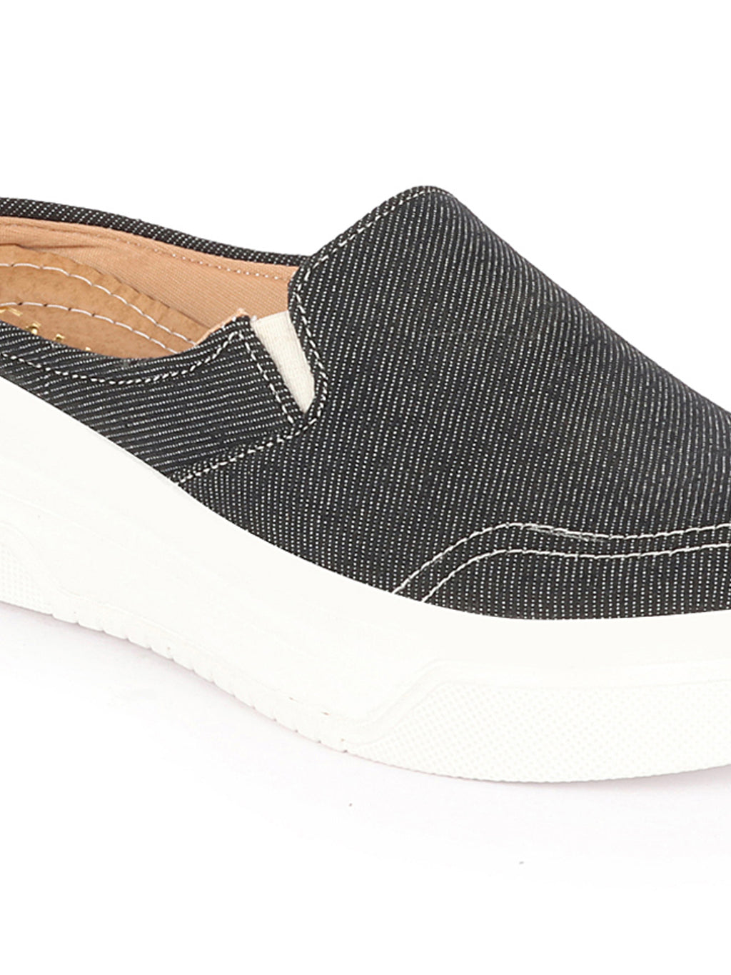Shop Women Grey Fashion Classic Stitched Upper Denim Open Back Slip On Height Enhancer Casual Shoes Online.