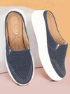 Women Navy Blue Fashion Classic Stitched Upper Denim Open Back Slip On Height Enhancer Casual Shoes