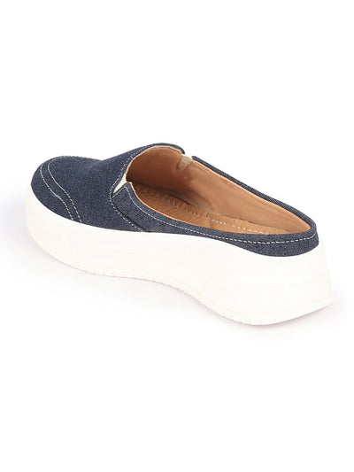 Women Navy Blue Fashion Classic Stitched Upper Denim Open Back Slip On Height Enhancer Casual Shoes