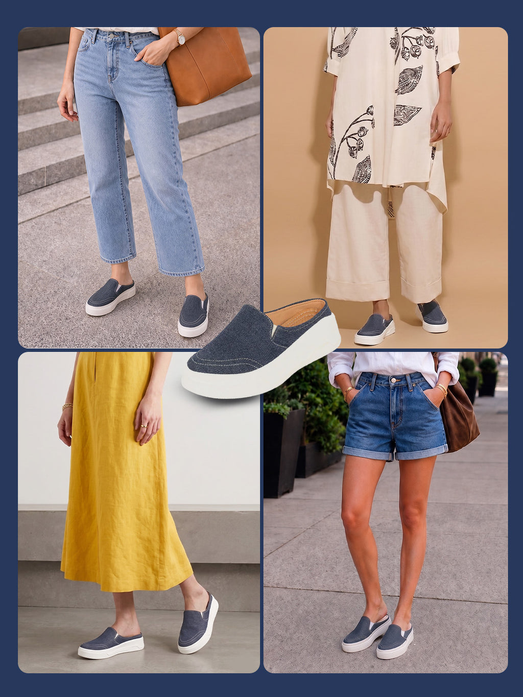 women navy blue fashion classic stitched upper denim open back slip on height enhancer casual shoes