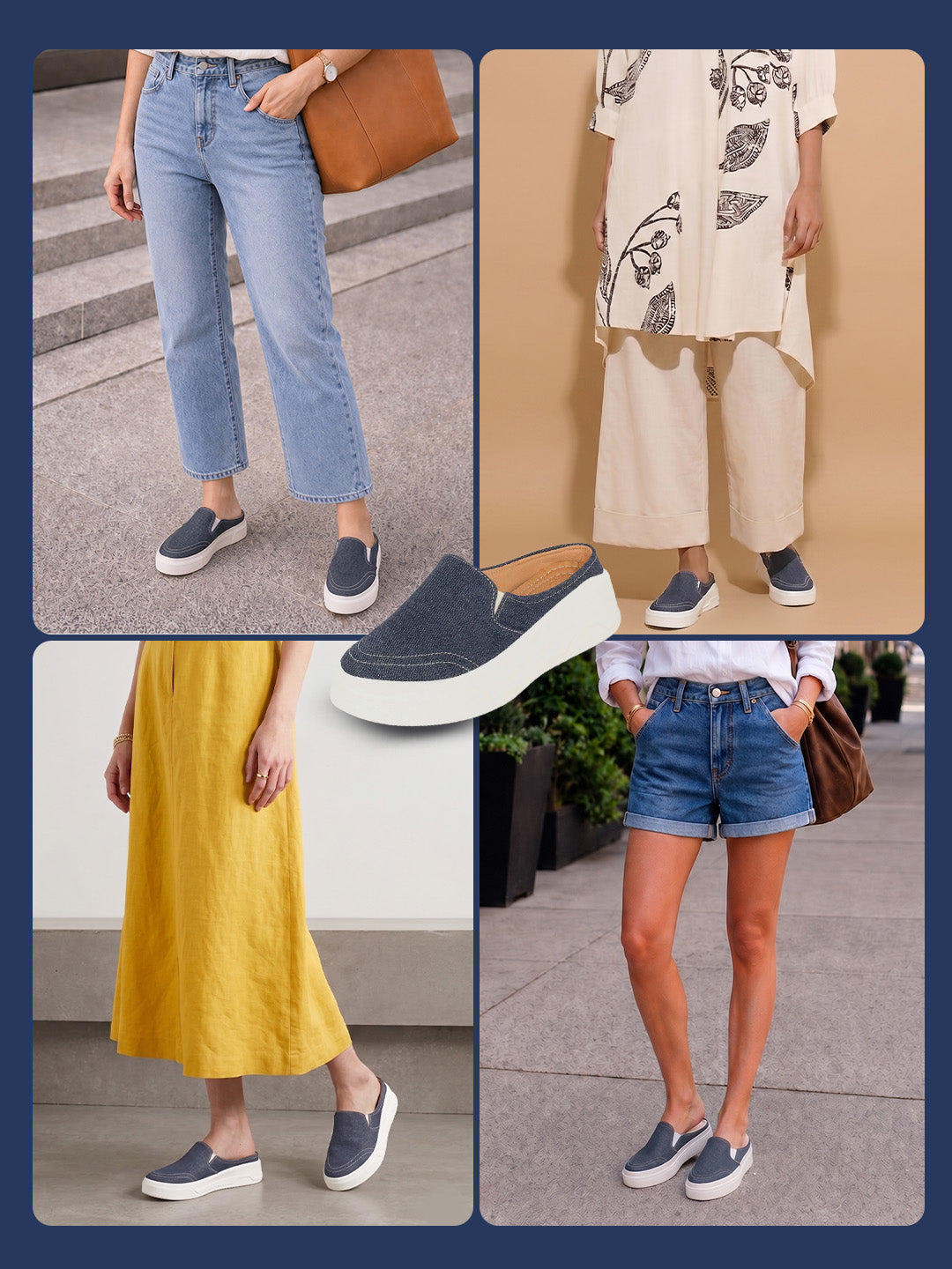 women navy blue fashion classic stitched upper denim open back slip on height enhancer casual shoes