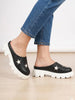 Women Black Laser Cut Star Open Back Height Enhancer Slip On Casual Shoes