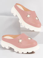 Shop Women Peach Laser Cut Star Open Back Height Enhancer Slip On Casual Shoes Online.