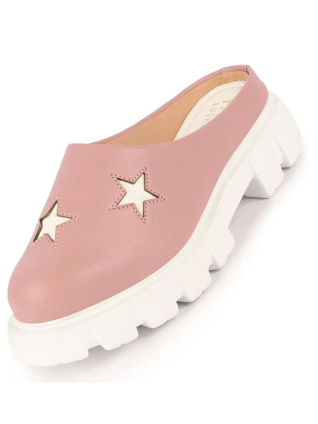 Women Peach Laser Cut Star Open Back Height Enhancer Slip On Casual Shoes