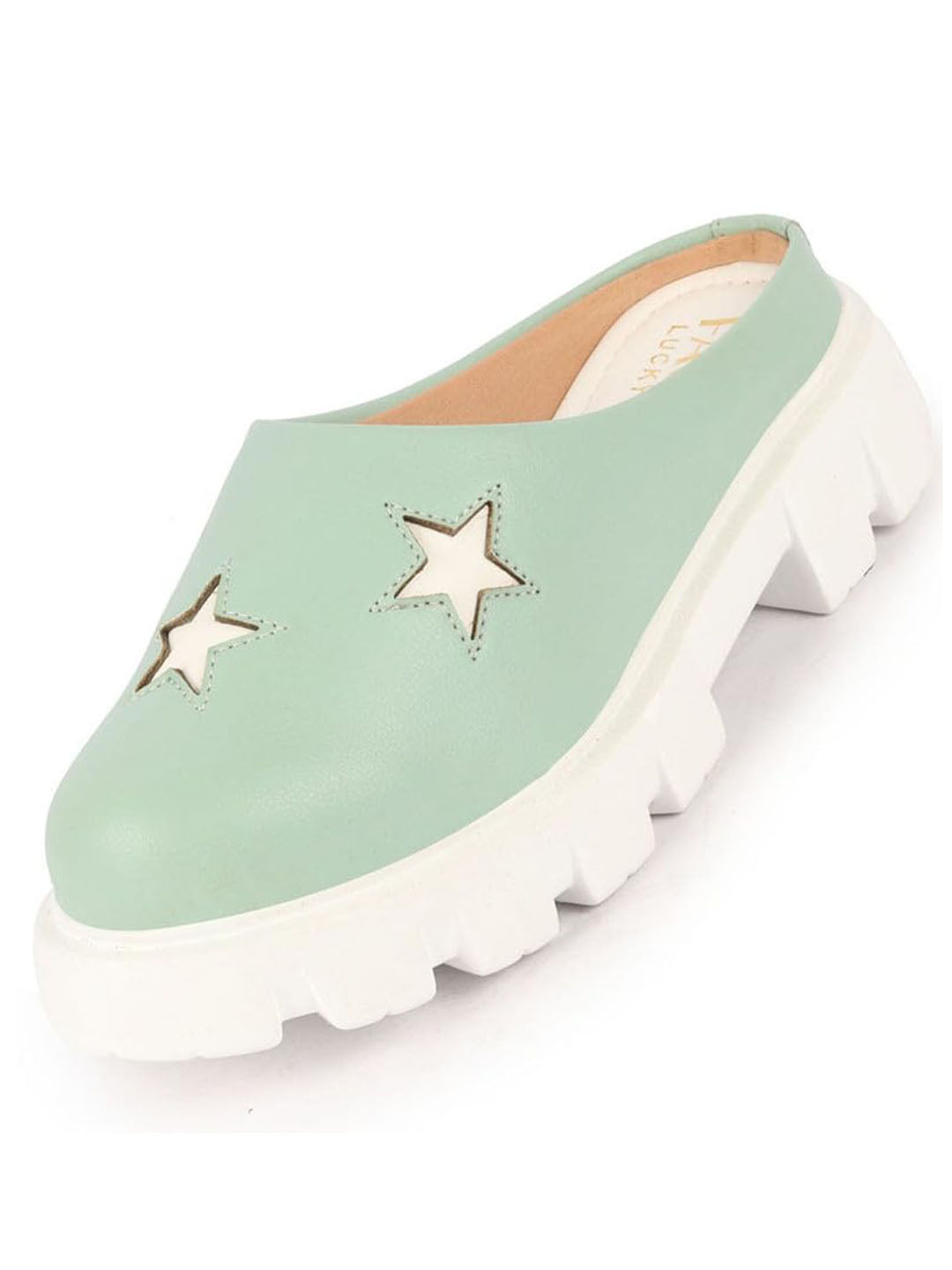 Shop Women Pista Green Laser Cut Star Open Back Height Enhancer Slip On Casual Shoes Online.