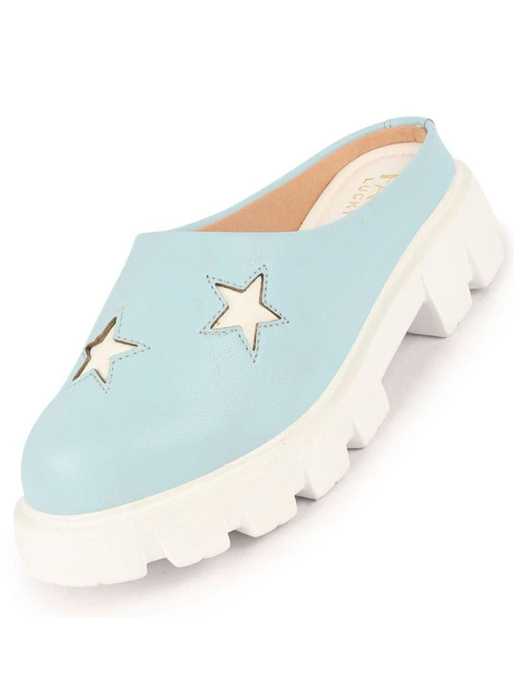 Women Sky Blue Laser Cut Star Open Back Height Enhancer Slip On Casual Shoes