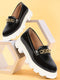 Women Black Patent Leather Shiny Chain Buckle Classic Casual Slip On Loafer Shoes