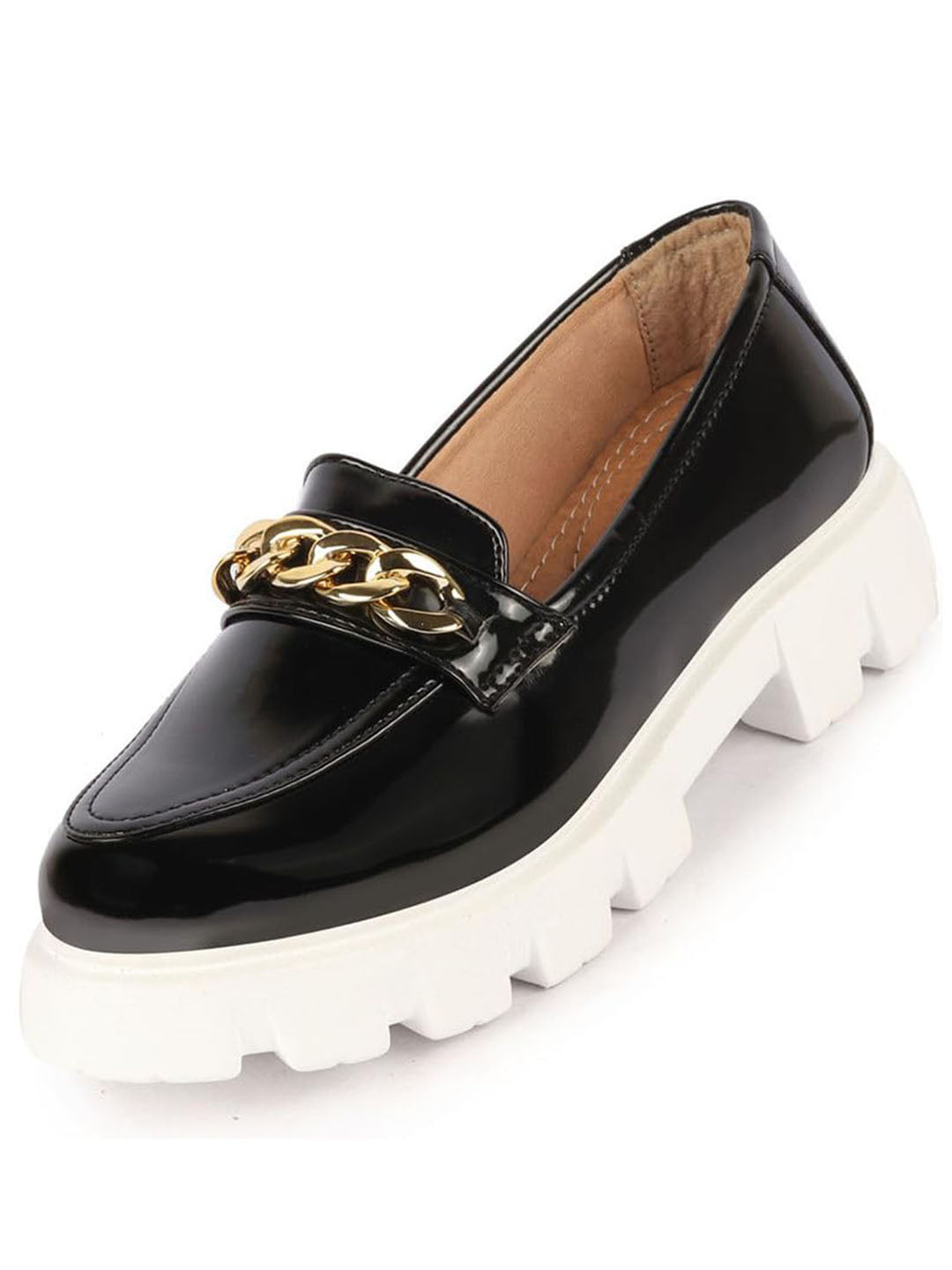 Shop Women Black Patent Leather Shiny Chain Buckle Classic Casual Slip On Loafer Shoes Online.