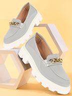 women grey patent leather shiny chain buckle classic casual slip on loafer shoes