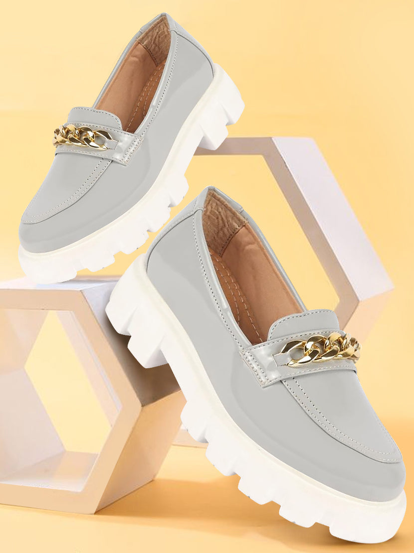 women grey patent leather shiny chain buckle classic casual slip on loafer shoes