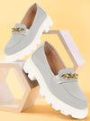 Women Grey Patent Leather Shiny Chain Buckle Classic Casual Slip On Loafer Shoes