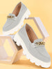 Women Grey Patent Leather Shiny Chain Buckle Classic Casual Slip On Loafer Shoes