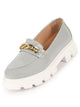 Women Grey Patent Leather Shiny Chain Buckle Classic Casual Slip On Loafer Shoes