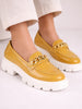 Women Mustard Patent Leather Shiny Chain Buckle Classic Casual Slip On Loafer Shoes