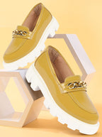 Shop Women Mustard Patent Leather Shiny Chain Buckle Classic Casual Slip On Loafer Shoes Online.