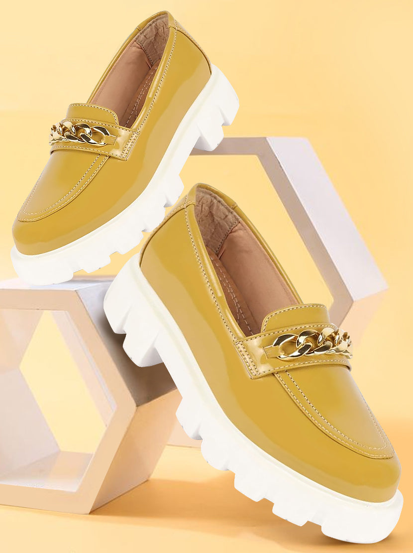 Shop Women Mustard Patent Leather Shiny Chain Buckle Classic Casual Slip On Loafer Shoes Online.