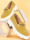 Women Mustard Patent Leather Shiny Chain Buckle Classic Casual Slip On Loafer Shoes
