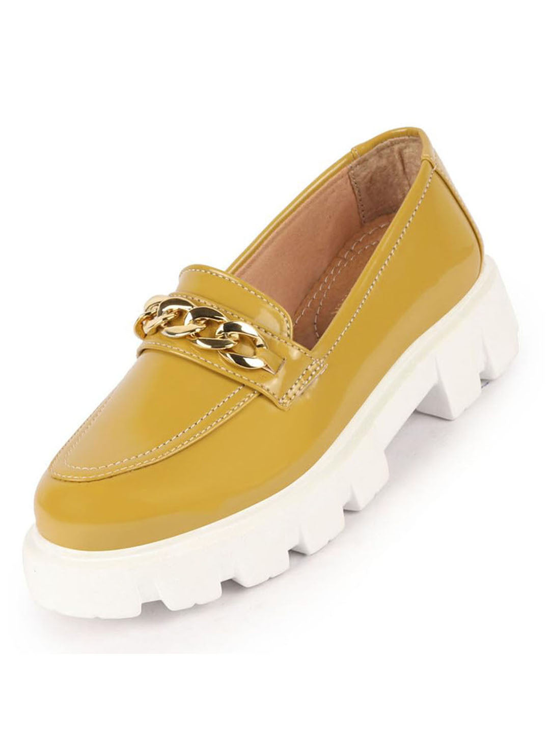women mustard patent leather shiny chain buckle classic casual slip on loafer shoes