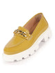 Women Mustard Patent Leather Shiny Chain Buckle Classic Casual Slip On Loafer Shoes